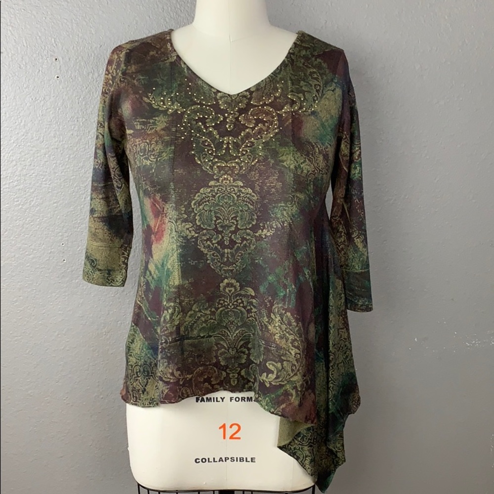 One World Asymmetrical Hem Boho Paisley Sweater